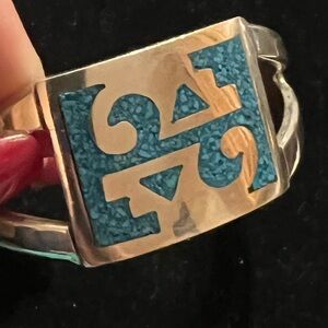 925 STERLING SILVER MEXICO TURQUOISE INLAY CUFF BRACELET.  NCE : SOLID : HEAVY